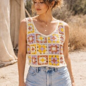 Rebellion Again Crochet Patchwork NEW Tank Top Square Festival Crop Size Small